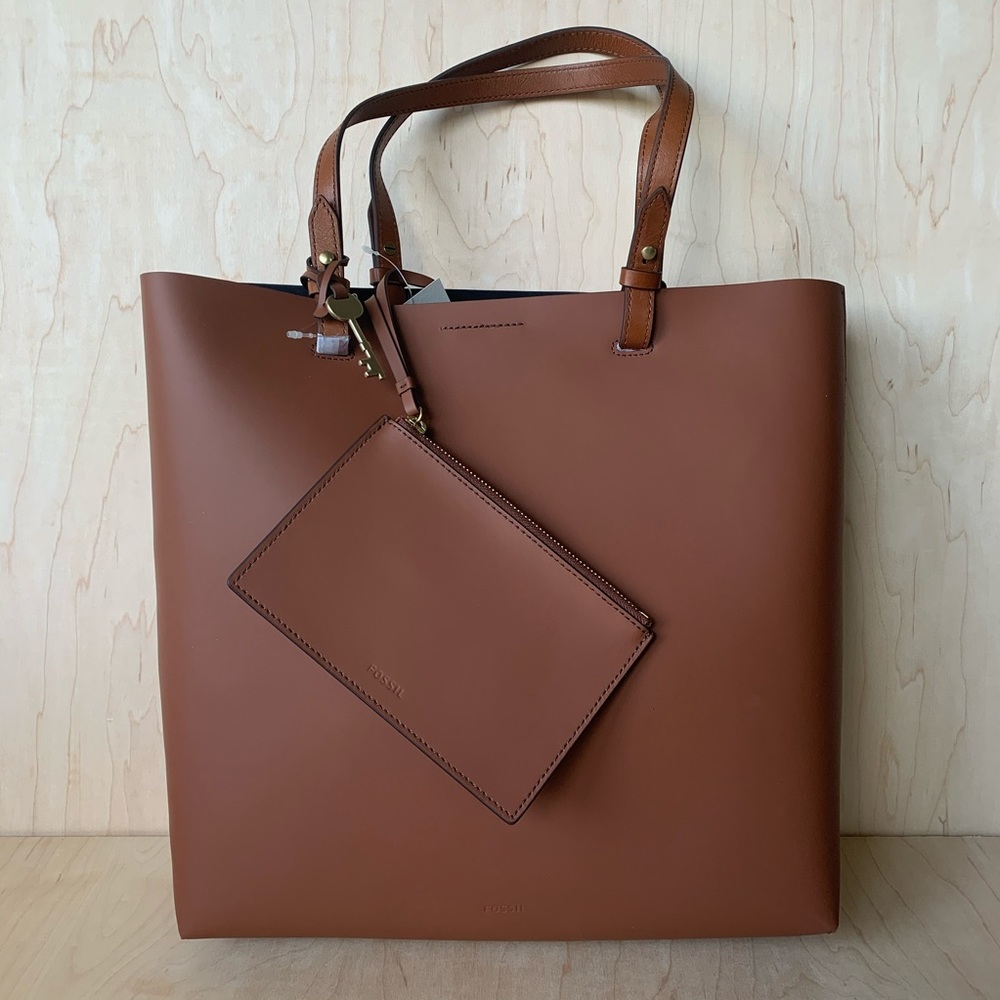 FOSSIL RACHEL NS Smooth Leather Brown Tote w Pouch